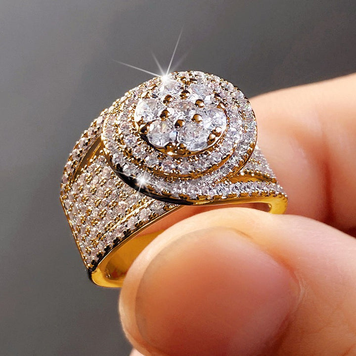 Double Halo Full Paved Stone Wide Ring, 18K Gold Silver Two Tone Statement Band