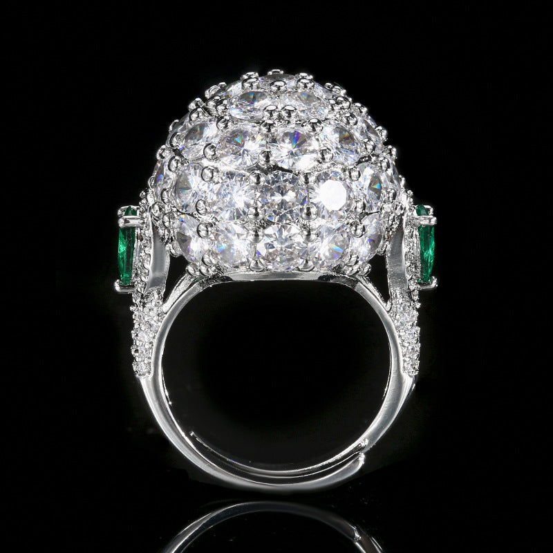 3D Sphere Full Pave Diamond Open Ring, Emerald Accent Luxury Adjustable Cocktail Band