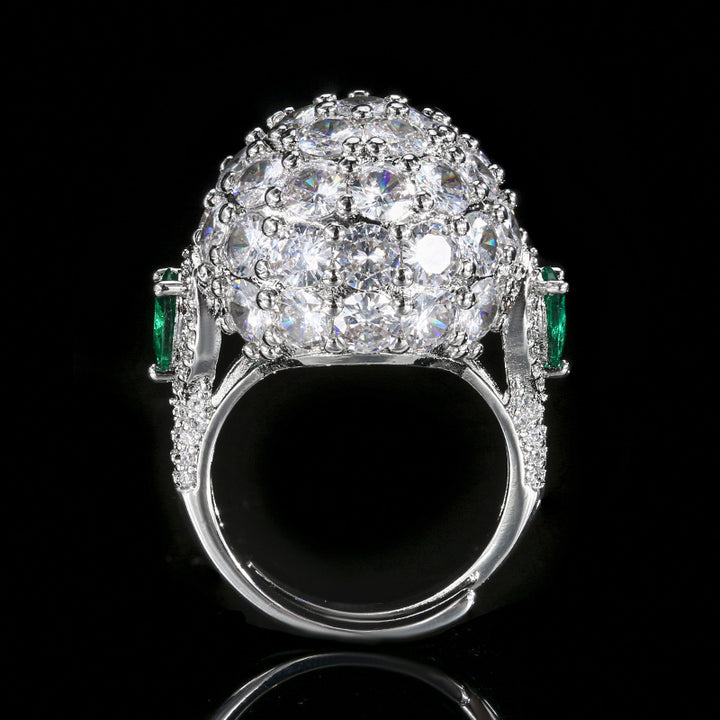 3D Sphere Full Pave Diamond Open Ring, Emerald Accent Luxury Adjustable Cocktail Band