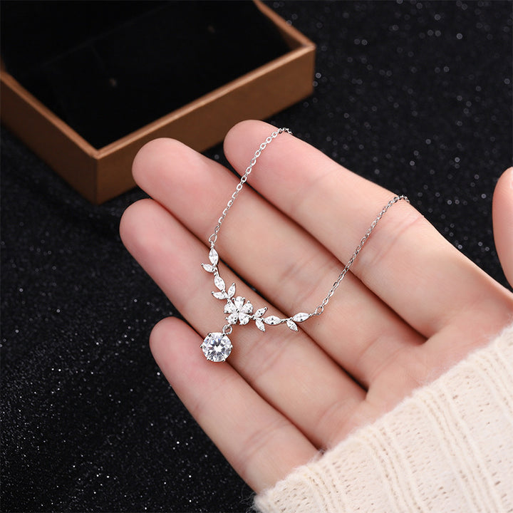 Floral and Wheat-Ear Diamond Pendant Necklace, Dainty Sparkling Charm
