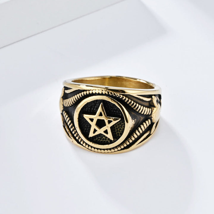 Vintage Pentagram Signet Ring, 3 Finishes Ornate Border Men’s Vintage Occult Amulet Ring