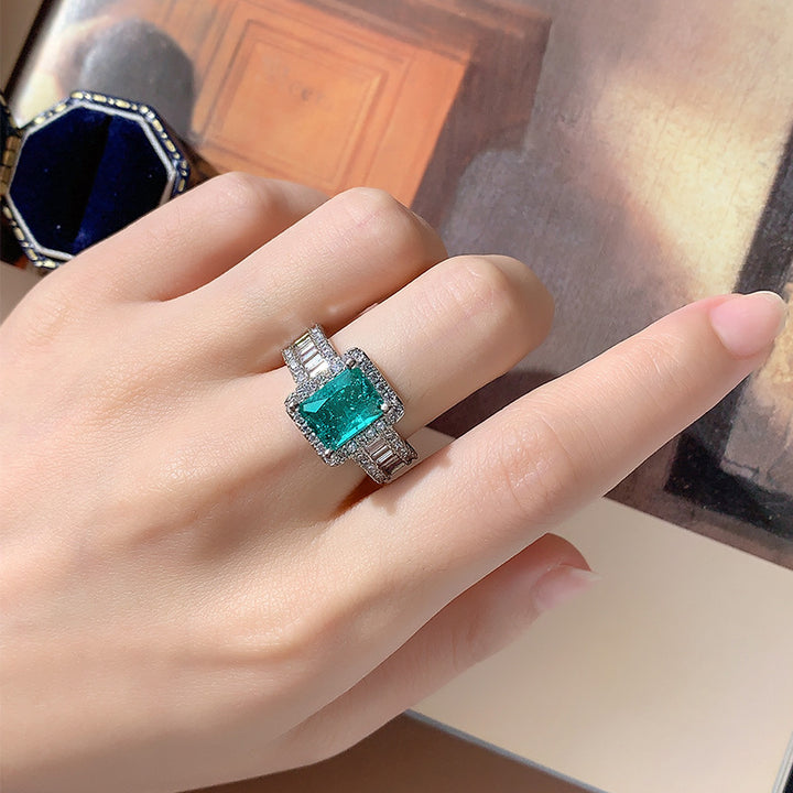 Emerald Cut Green Gemstone Halo Ring, S925 Silver Paved Diamond Statement Ring