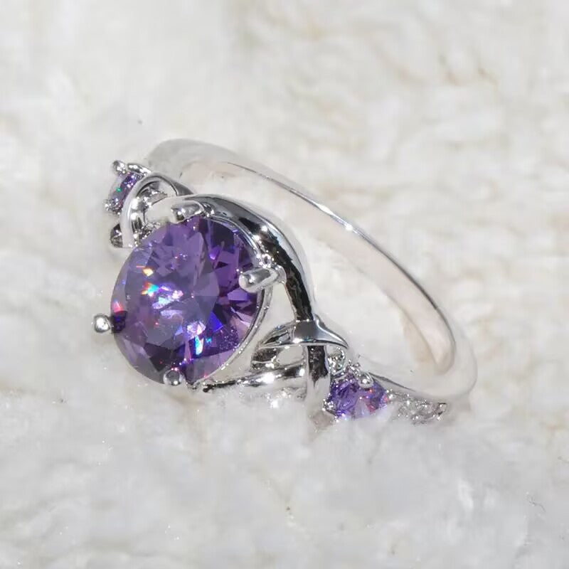 Oval Purple Gemstone Statement Ring, Celtic Knot Design Ring with Side Accent Stones for Women