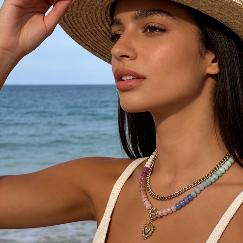 Dual Strand Gradient Rainbow Bead Choker, Starfish & Sunburst Heart Summer Vacation Layered Beach Necklace