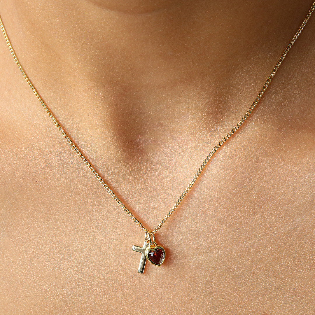 14K Cross Heart Birthstone Necklace, Ideal for Gifting and Everyday Daily Wear