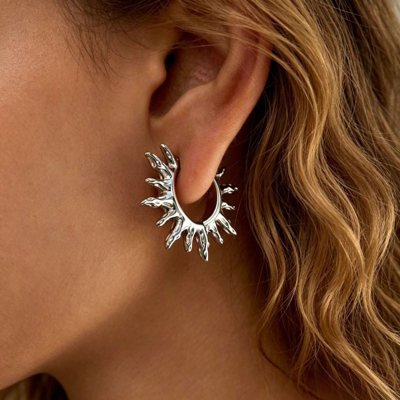 Bold Sun‑Shape Huggie Hoop Earrings, Textured Sunburst Statement Hoop Earrings for Women