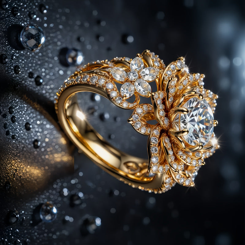 Luxurious Diamond-Encrusted Lotus Ring, Ornate 14K Gold‑Tone Halo Statement Cocktail Ring