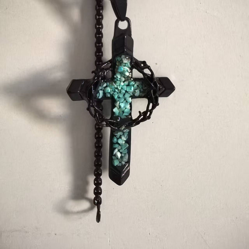 Thorn Wrapped Turquoise Gem Black Cross Pendant Necklace, Street Style Men’s Chain