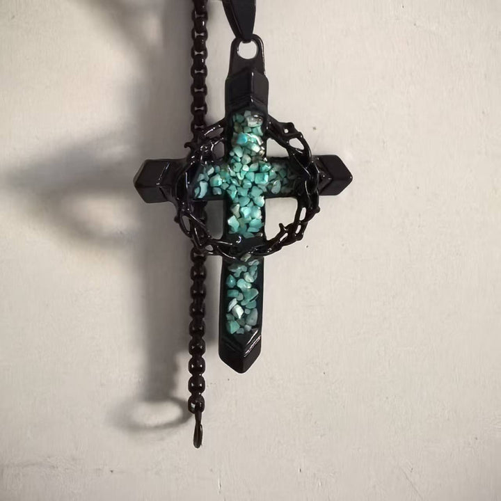 Thorn Wrapped Turquoise Gem Black Cross Pendant Necklace, Street Style Men’s Chain