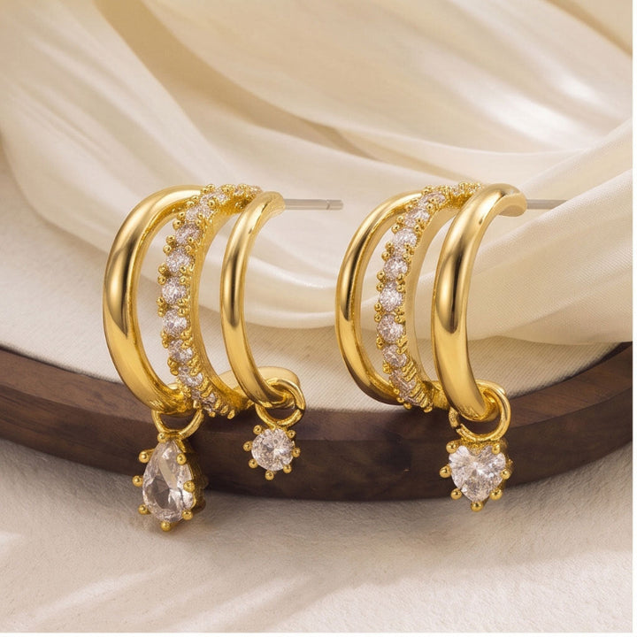 Multi‑Layer Hoop Teardrop Earrings, Two‑Tone Gold Tone With Sparkling Dangling Diamond Charms