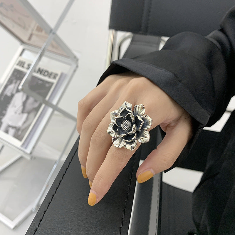 Vintage Silver 3D Sculpted Flower Statement Ring, Adjustable Floral Gothic Stackable Band