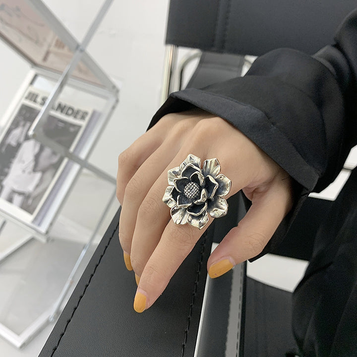 Vintage Silver 3D Sculpted Flower Statement Ring, Adjustable Floral Gothic Stackable Band