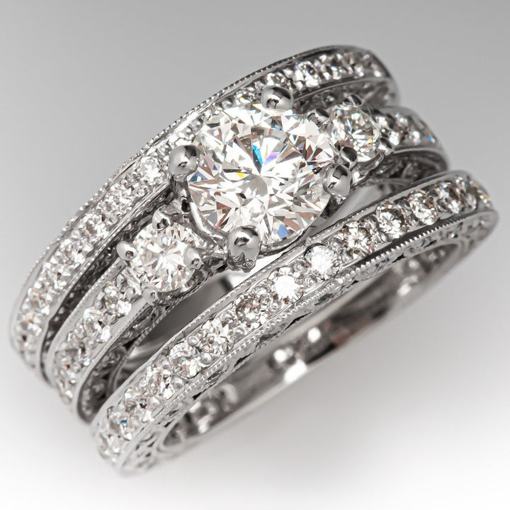 Vintage 3-Piece Stackable Ring Set, Round Brilliant Diamond Wedding Band Set