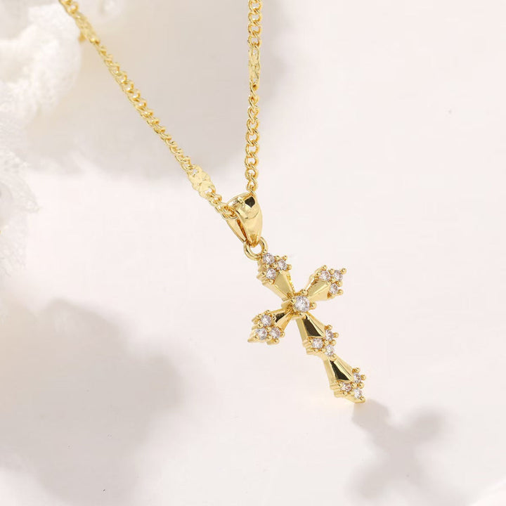 Vintage Diamond Paved Cross Pendant Necklace, Dainty Statement Jewelry for Women