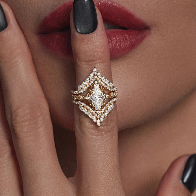 Marquise‑Cut Diamond 3‑Piece Bridal Stacking Ring Set, Vintage-Style Fashion Ring