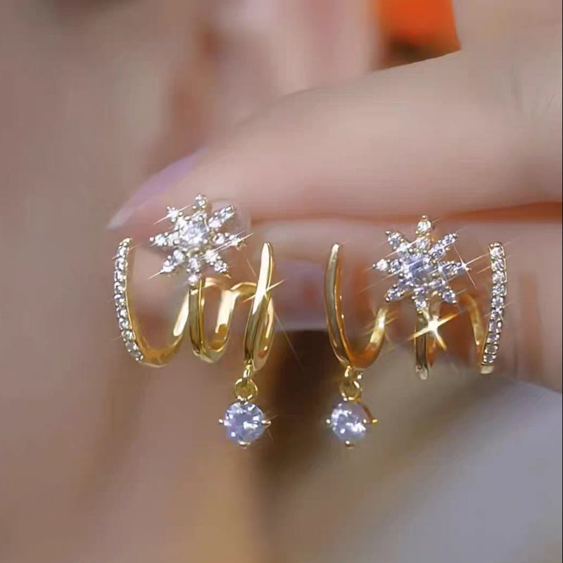 Luxury Minimalist Super Sparkling Eight-Pointed Star Earrings, Multi‑Band Design With Dangling Diamond Drop