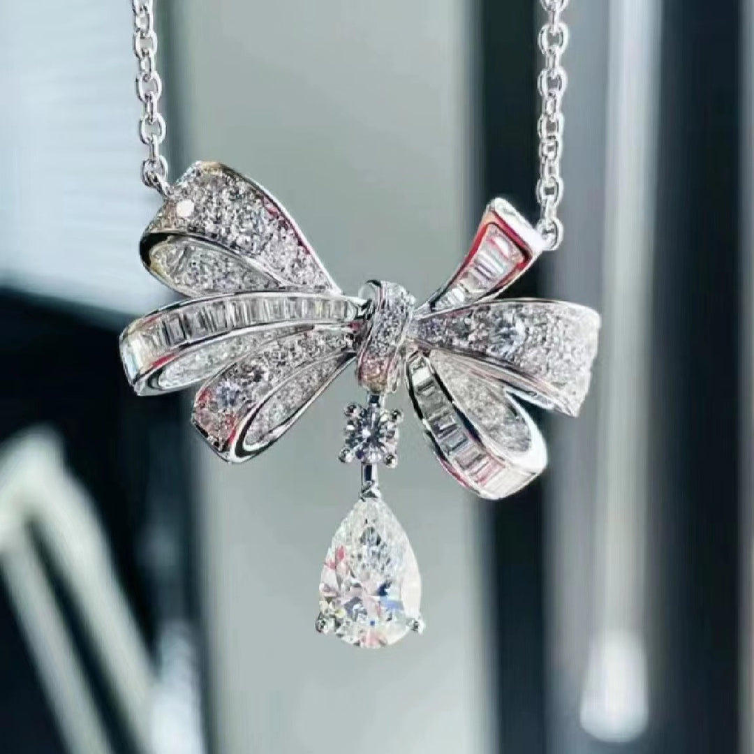 Bow Diamond Pendant Necklace, Elegant Sparkling Charm Necklace, Romantic Gift for Women
