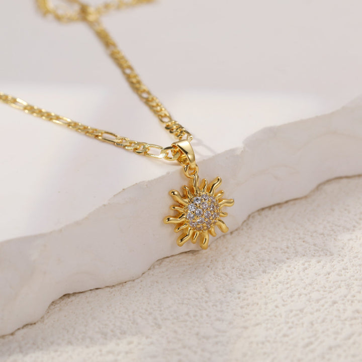 Pave‑Set Diamond Sun Pendant Necklace, Dainty Figaro Chain Necklace in Gold‑Tone &amp; Silver‑Tone