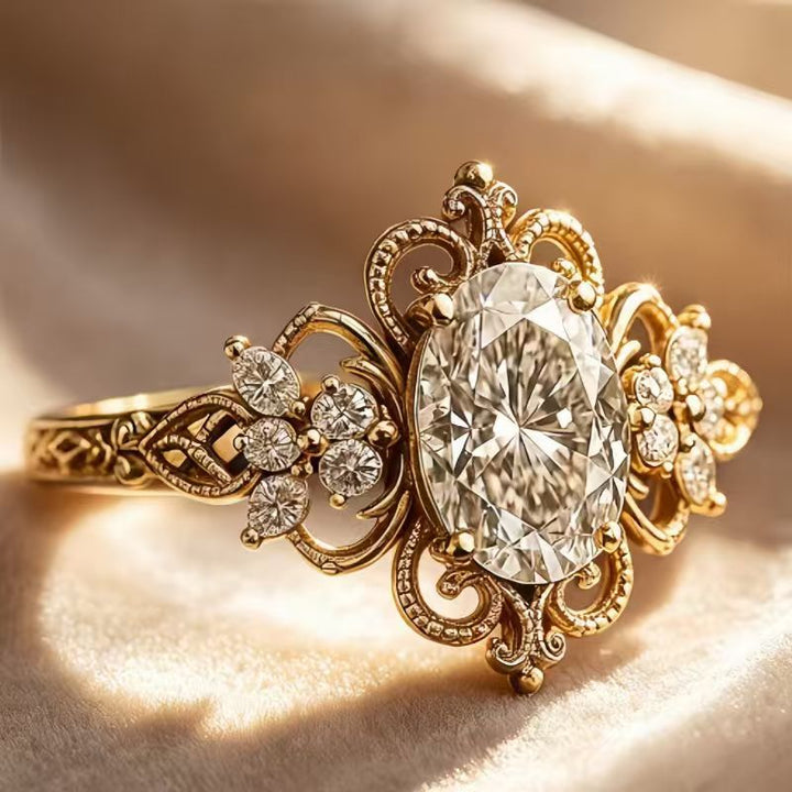 Vintage Art‑Deco Oval‑Cut Diamond Gold Ring, Ornate Filigree Engraved Statement Engagement Ring