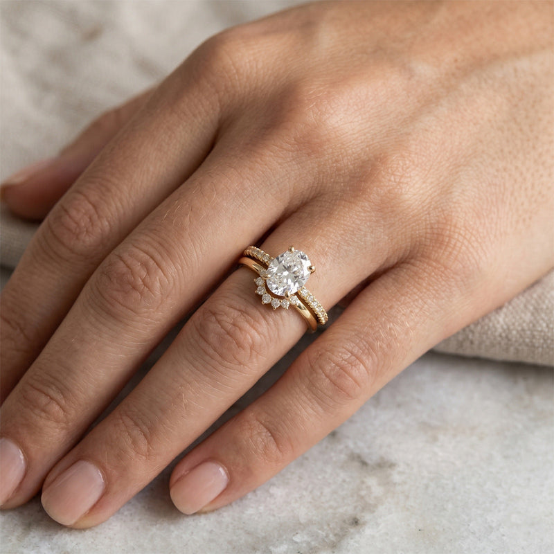 Oval‑Cut Diamond Bridal Ring Set, Halo Accent Engagement &amp; Eternity Band Two‑Piece Ring