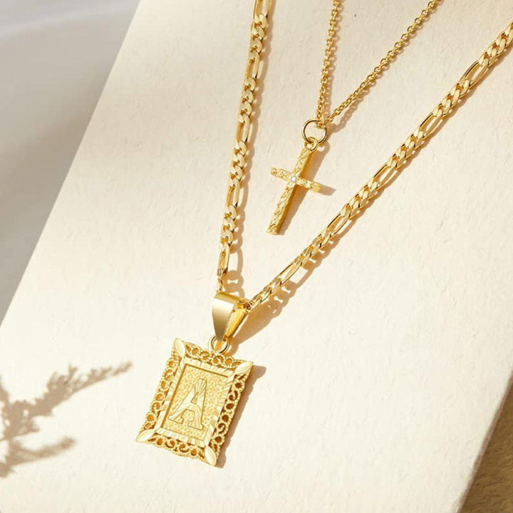 27 Vintage Filigree Square Initial Pendant Necklace, 14K Cross Chain Faith Necklace