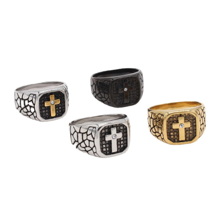 Vintage Textured Cross Signet Ring with Inlaid Diamond, Men’s Bold Statement Ring