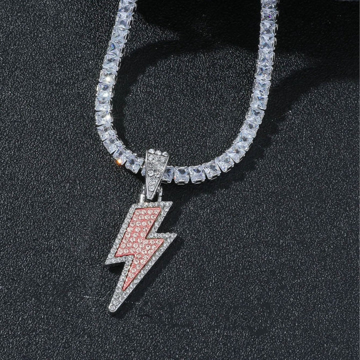 Two-tone Full Diamond Lightning Pendant Tennis Chain Necklace, Hip‑Hop Statement Jewelry