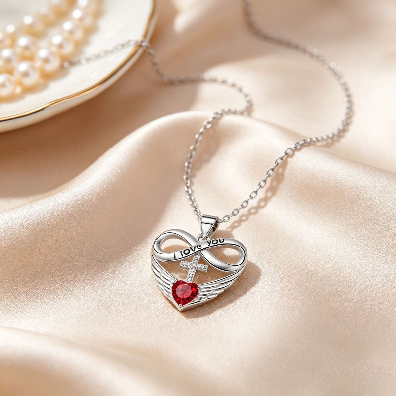 Infinity Heart Cross Angel Wing Necklace, 12 Birthstone For Women Collarbone necklace
