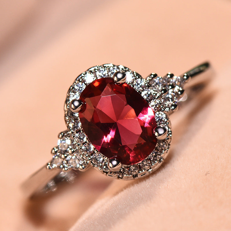 Oval red Gemstone Halo Ring, Vintage Crown Design Sparkling Diamond Accent Ladies Statement Ring