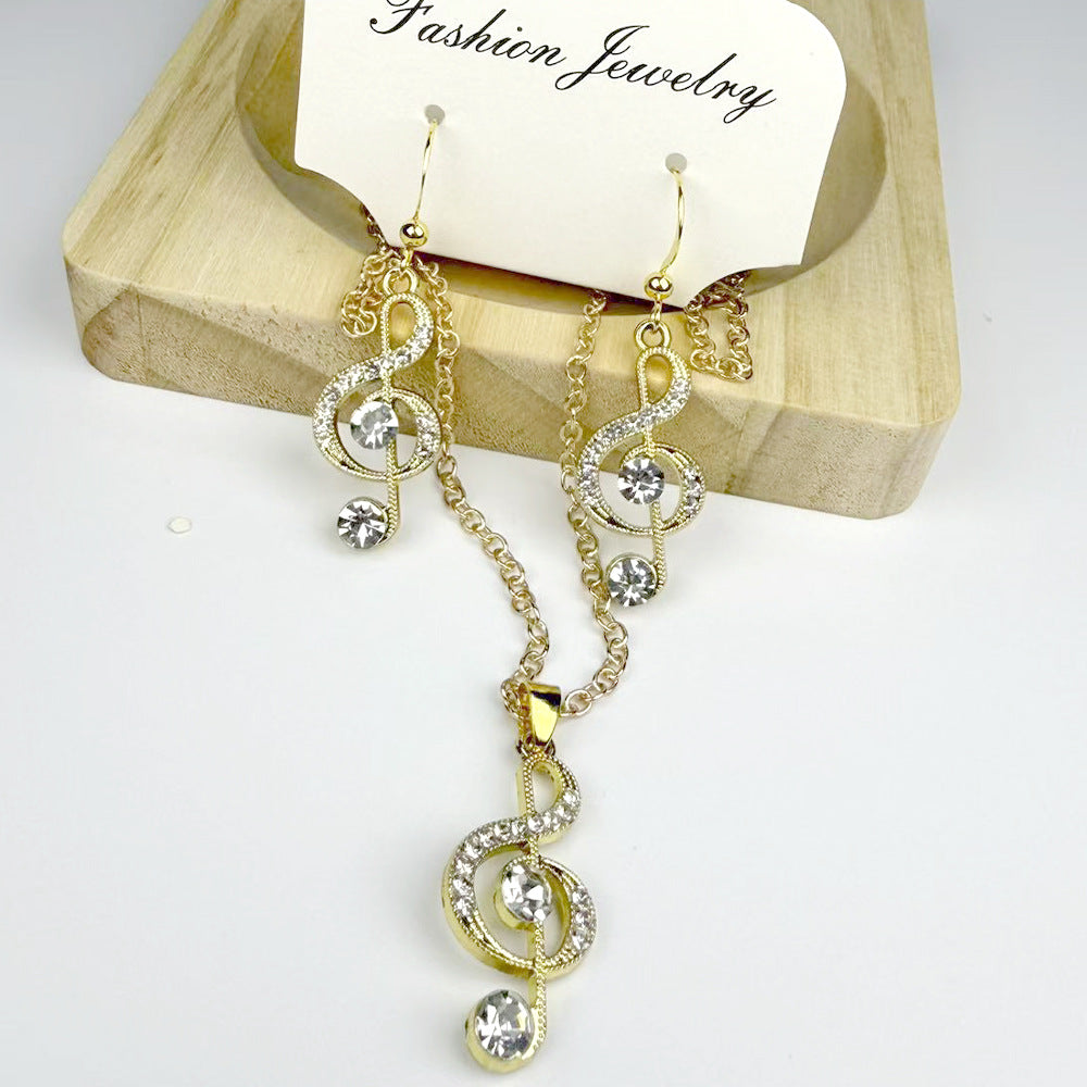 Treble Clef Diamond Jewelry Set, Music Note Dangle Earrings & Pendant Necklace, Music Lover Gift