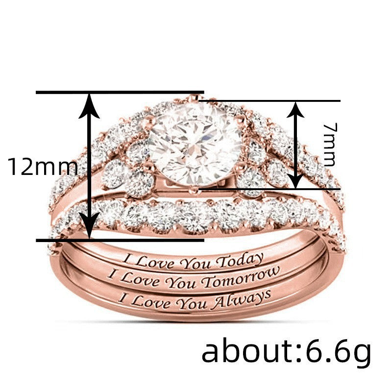 Round Diamond Engraved 3-Piece Bridal Stack Ring, Personalized "I Love You Today Tomorrow Always" Promise Ring