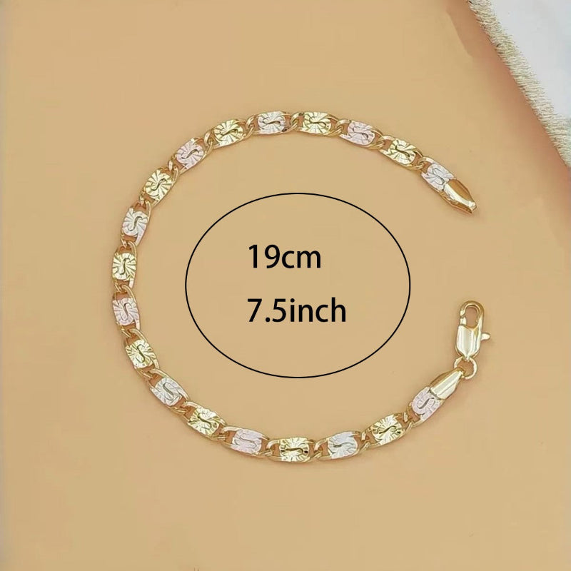 Embossed Sunflower Flat Link Bracelet, Classic Figaro Chain Dainty Stackable Women Daily Minimalist Wrist Jewelry