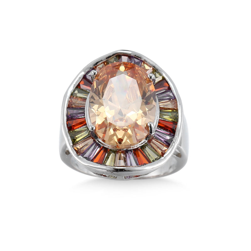 Oval Champagne Diamond Rainbow Baguette Halo Ring, Wide Silver Bold Cocktail Statement Band