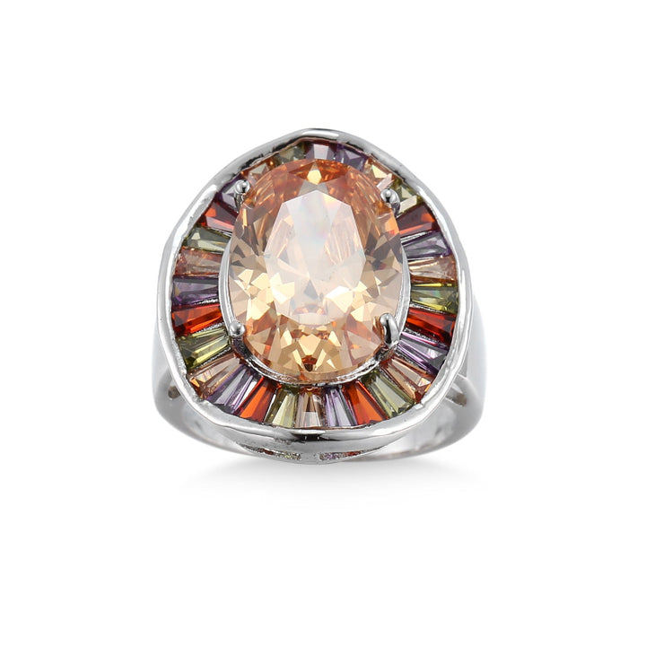 Oval Champagne Diamond Rainbow Baguette Halo Ring, Wide Silver Bold Cocktail Statement Band