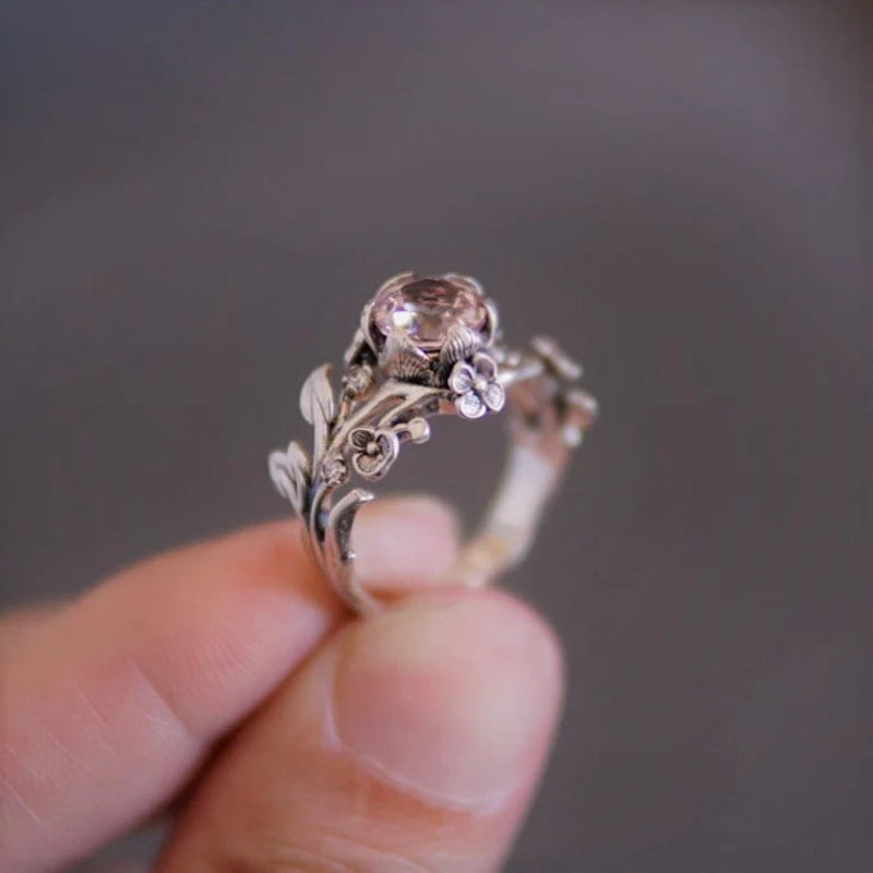 Vintage Branch Pink Diamonds Ring, Two-Tone Nature Inspired Art Nouveau Ring For Women