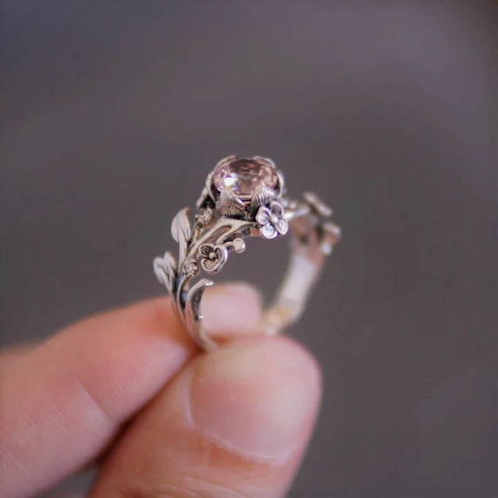 Vintage Branch Pink Diamonds Ring, Two-Tone Nature Inspired Art Nouveau Ring For Women