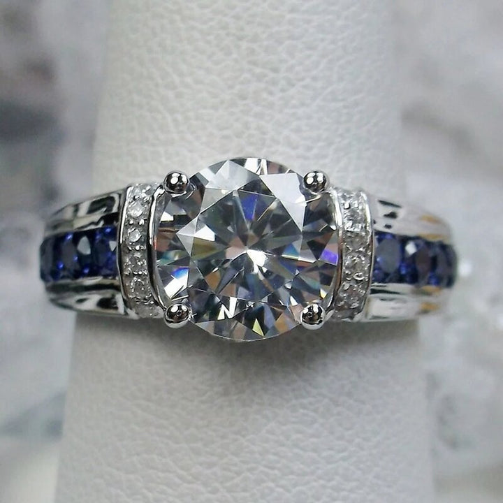 S925 Silver Round‑Cut Diamond Ring With Blue Gem Inlaid Band