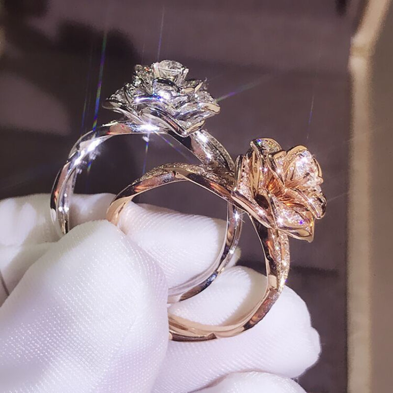 3D Sculptural Rose Flower Solitaire Ring, Pave Shank Floral Engagement Promise Ring
