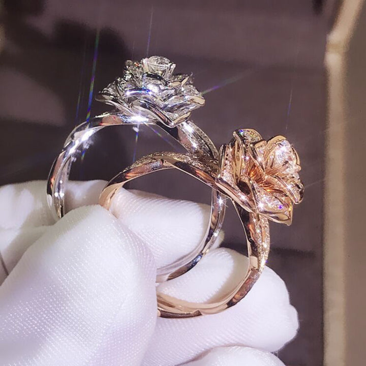 3D Sculptural Rose Flower Solitaire Ring, Pave Shank Floral Engagement Promise Ring