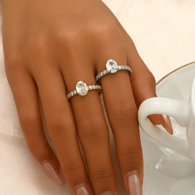 4-Prong Pear Cut Stone Half Pave Band Ring, 18K Gold Silver Dainty Bridal Promise Ring