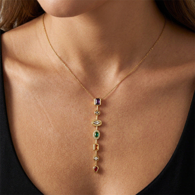 Vertical Tiered Multi-Cut Diamond Gold Drop Necklace, Warm Vintage Collarbone Chain