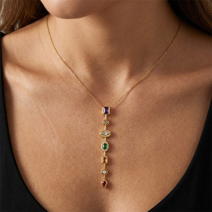 Vertical Tiered Multi-Cut Diamond Gold Drop Necklace, Warm Vintage Collarbone Chain