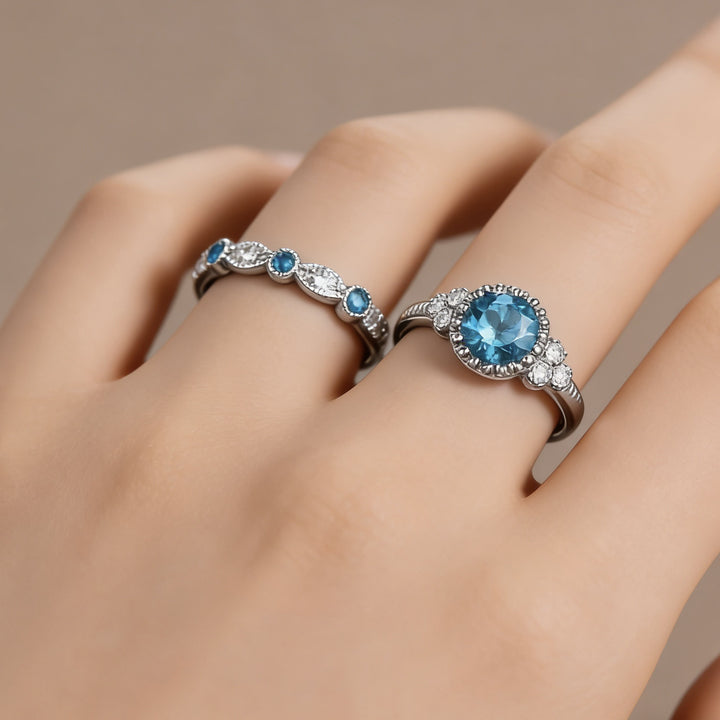 Round Cut Gemstone Halo Ring Set, Vintage Stackable Matching Wedding Bands for Women