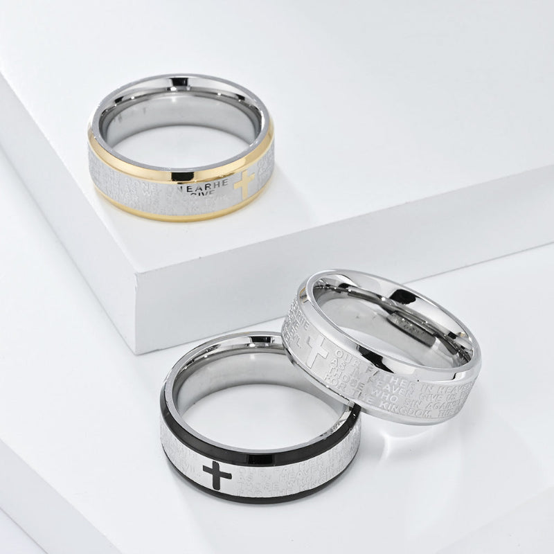 Men’s Cross Engraved Text Band Ring, Multi‑Color Edge Faith Style Ring