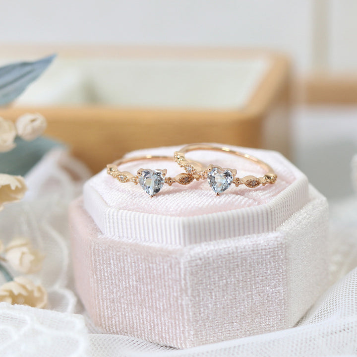 Vintage Heart‑Cut Blue Gem & Accent Diamond Promise Ring, Elegant Stackable Statement Ring