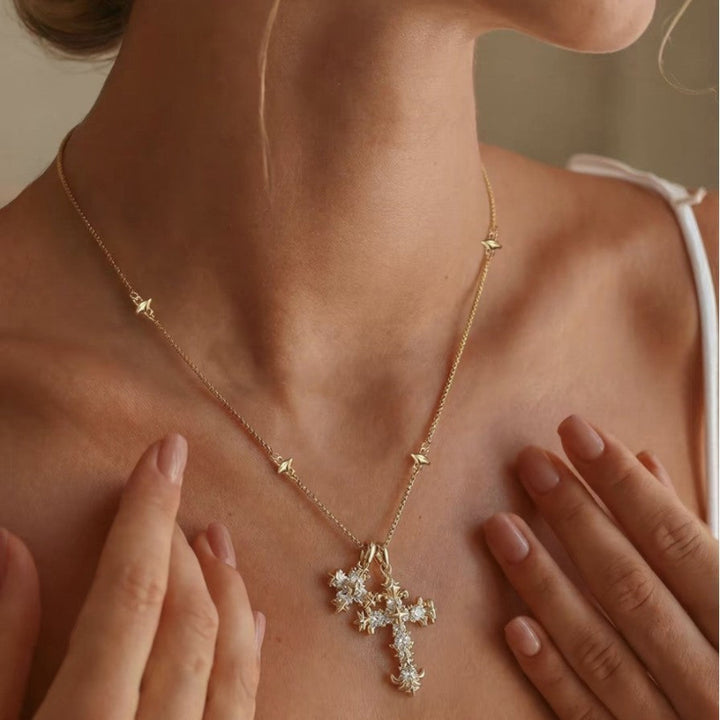 Dual Ornate Diamond Cross Pendant Necklace, 2 Tone Vintage Layering Faith Fine Jewelry
