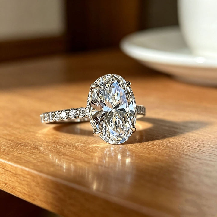4-Prong Oval Diamond Pave Band Engagement Ring, Gold Silver Dainty Bridal Statement Ring