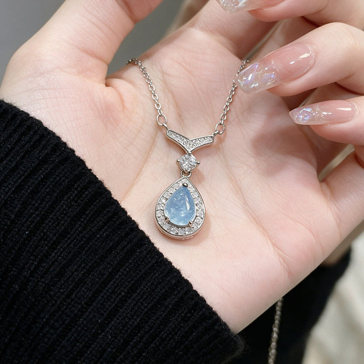 Mermaid Teardrop Blue Gem Pendant Necklace, Elegant Sparkling Halo Collarbone Necklace for Women