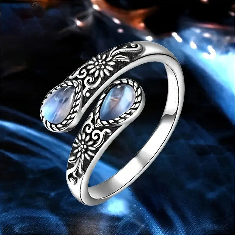 Vintage Flower Open Adjustable Teardrop Gemstone Ring