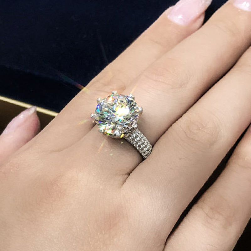 8-Prong Round Giant Diamond Statement Ring, Double Row Pave Wide Cocktail Ring